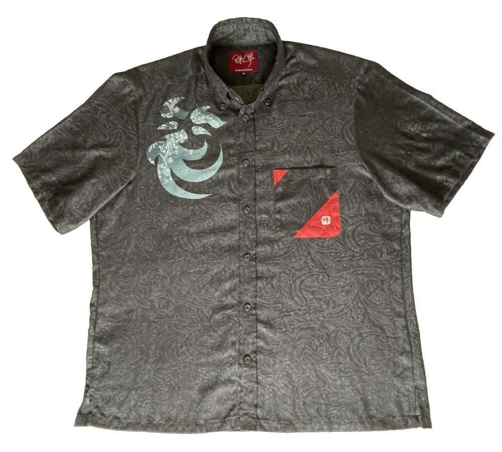 Japan Men's XXL (4L) Gray Jacquard Paisley Hawaiian Short Sleeve Button-Up Shirt